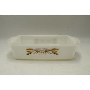Vintage Fire King Milk Glass Loaf Baking Dish in the Wheat Pattern #409 1QT